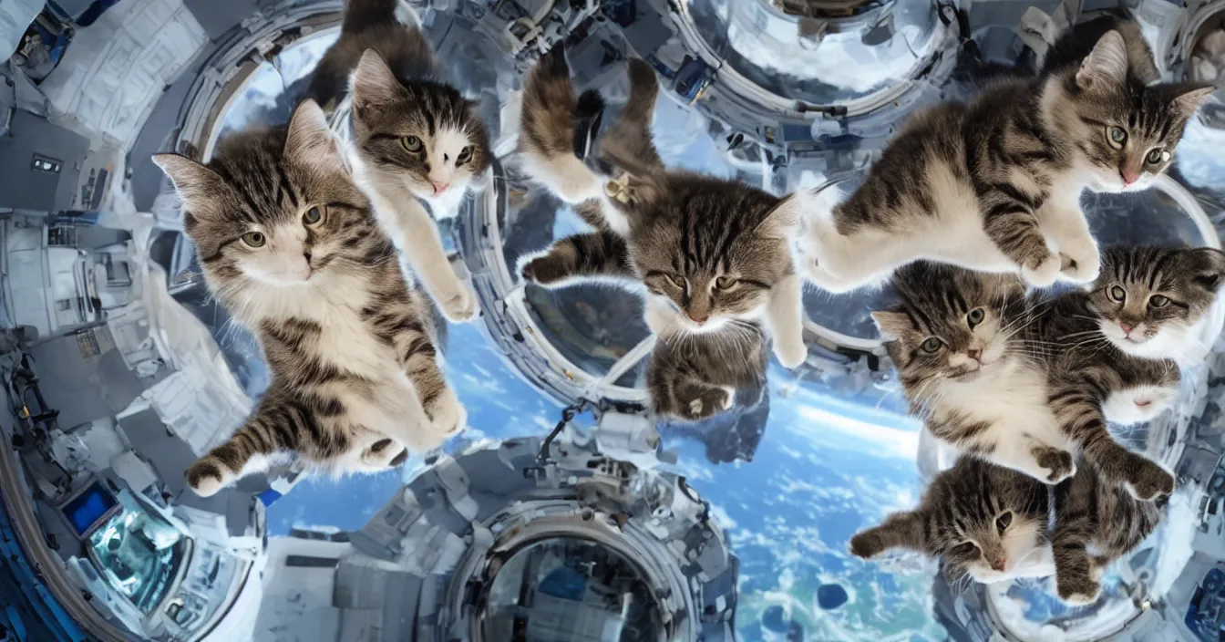 Image similar to Photo of cats floating inside the International Space Station in zero gravity, highly-detailed 4K award-winning cinematic, wide angle