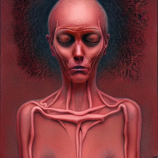 Image similar to dramatic portrait painting of sad woman with black mandelbrot fractal instead of face, in style of zdzisław beksinski, horror, body horror, dark, disturbing,