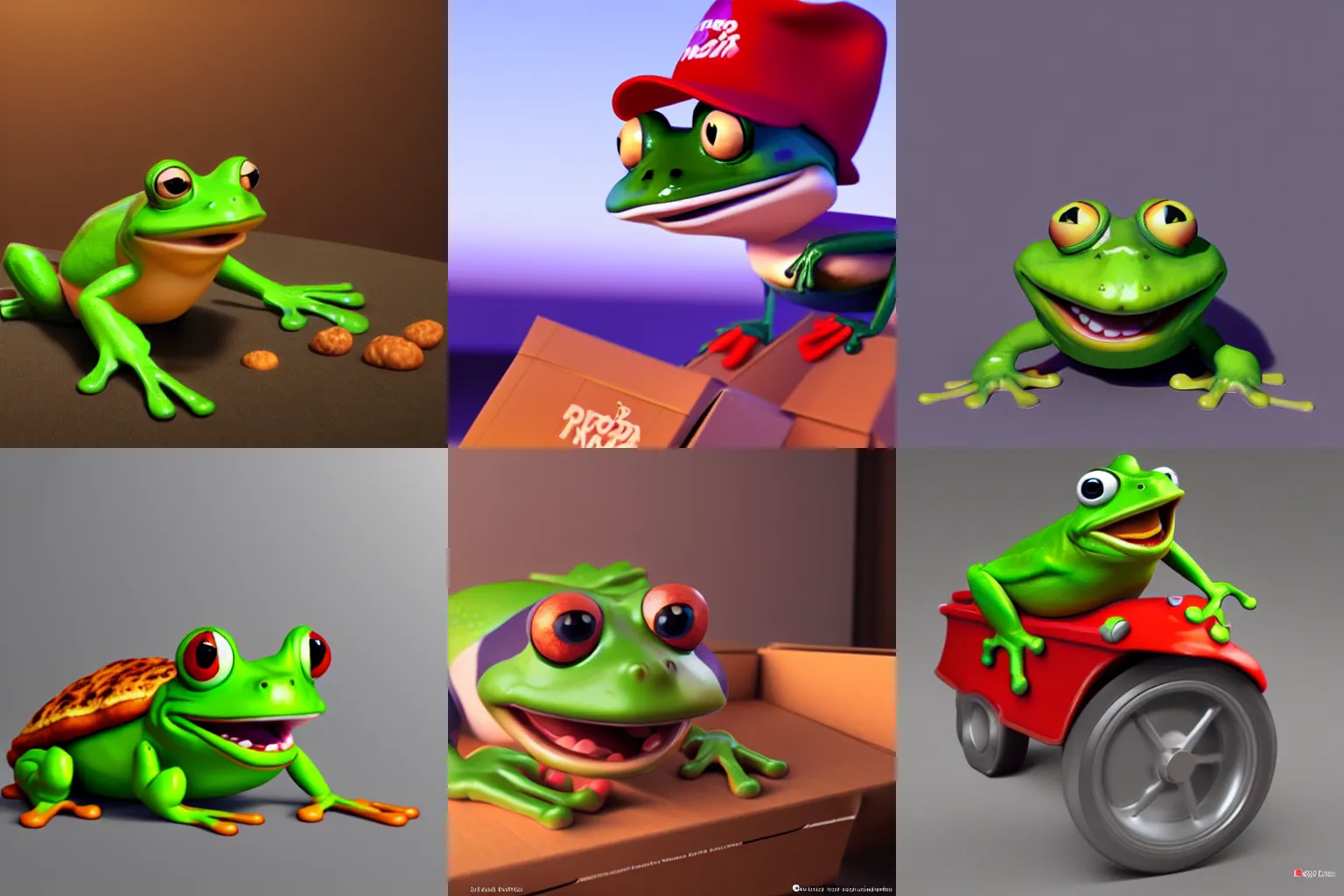 Prompt: 3d Pixar render of a attractive frog delivering pizza, octane, artstation