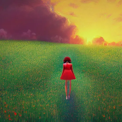 Image similar to large red flower afro, full body, girl walking in the middle of a field with flowers, surreal photography, hills, sunrise dramatic light, impressionist painting, colorful clouds, digital painting, pointillism, artstation, simon stalenhag