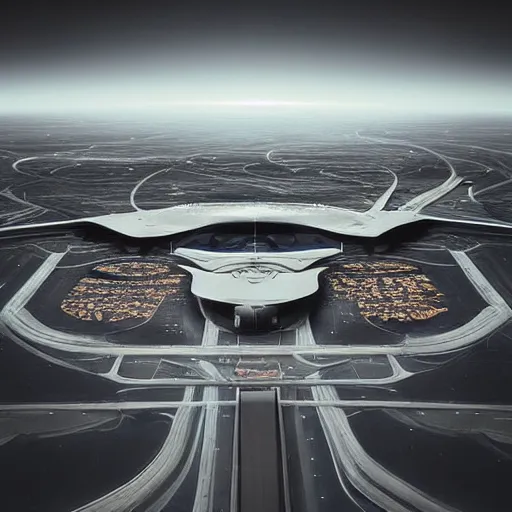 Prompt: sci-fi airport view from above oily gloss specularity reflection with organic forms on the coronation of napoleon painting, on moon with medium size man walking with black background and digital billboard in the middle. unreal engine 5, keyshot, octane, artstation trending, by Zaha Hadid architects, by Matrix film color, high contrast pinterest black plastic, dark atmosphere pinterest tilt shift, 4k, 8k, 16k.