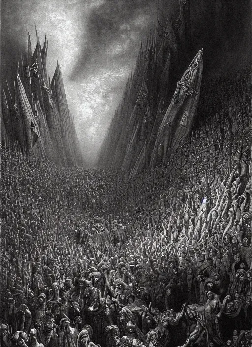 Prompt: dante's inferno, epic scene, photorealistic, highly detailed, texture, soft light, dramatic, moody, ambient, painting by gustave dore