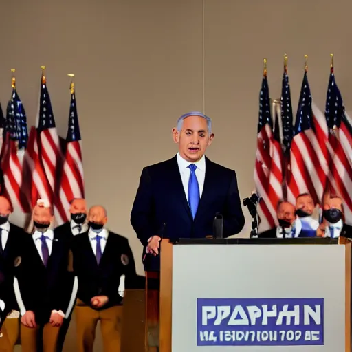 Prompt: photograph of Benjamin Netanyahu giving a speech with a podium in front of him, suited men with medical masks standing behind him, cinematic lighting, official media, HQ, 4K, news photography