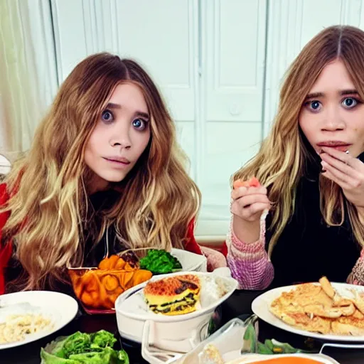 Prompt: obese mary kate and ashley olsen eating mukbang
