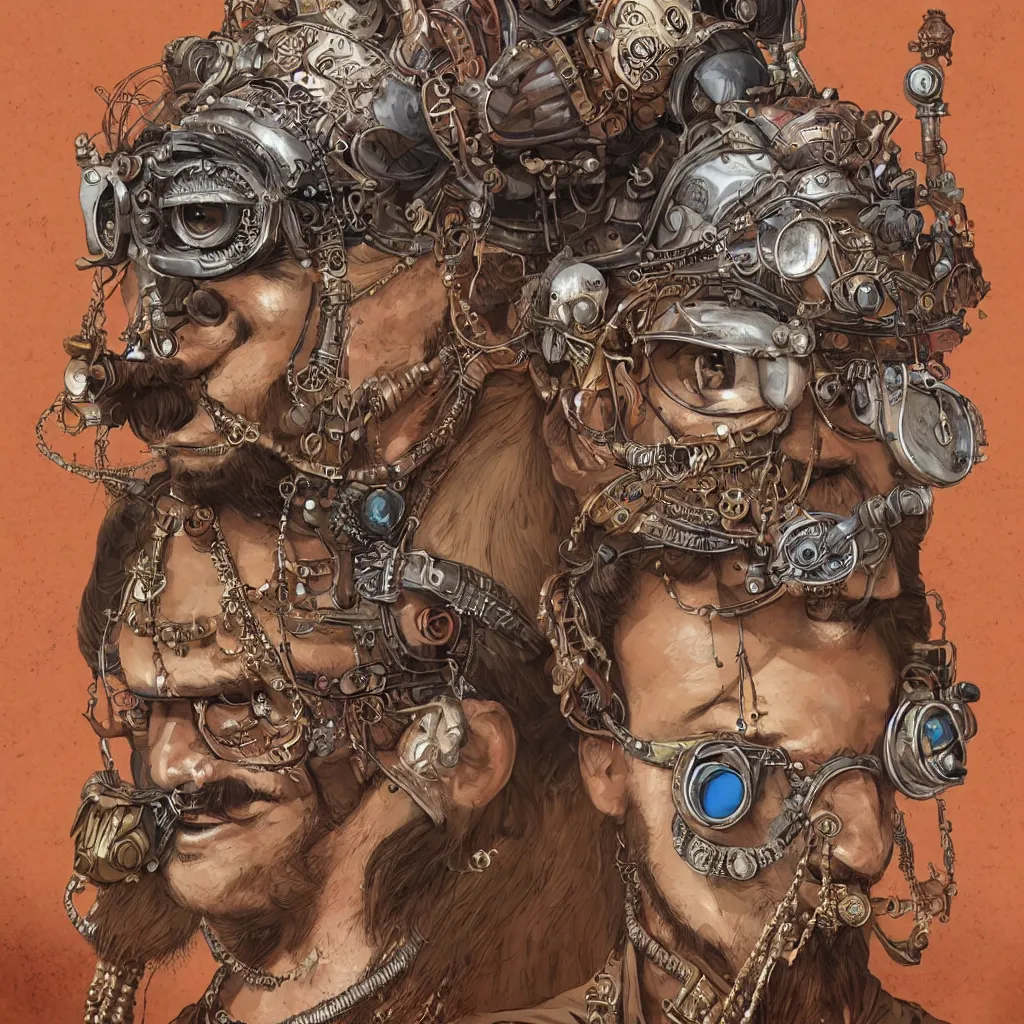 Image similar to face portrait of an indian man with long kawai moustache rajasthani headgear wearing madmax style steampunk goggles and steampunk jewelry, art by peter mohrbacher and craig mullins, sticker, colorful, illustration, highly detailed, simple, smooth and clean vector curves, no jagged lines, vector art, smooth