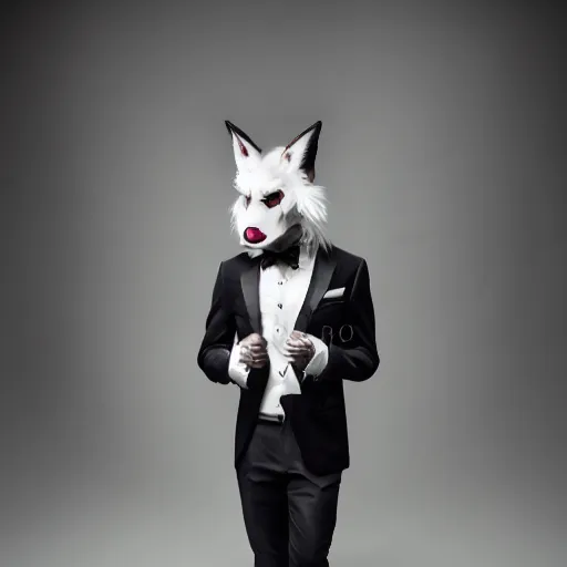 Image similar to well dressed Lycanroc, studio lighting, advertising photography, dark background