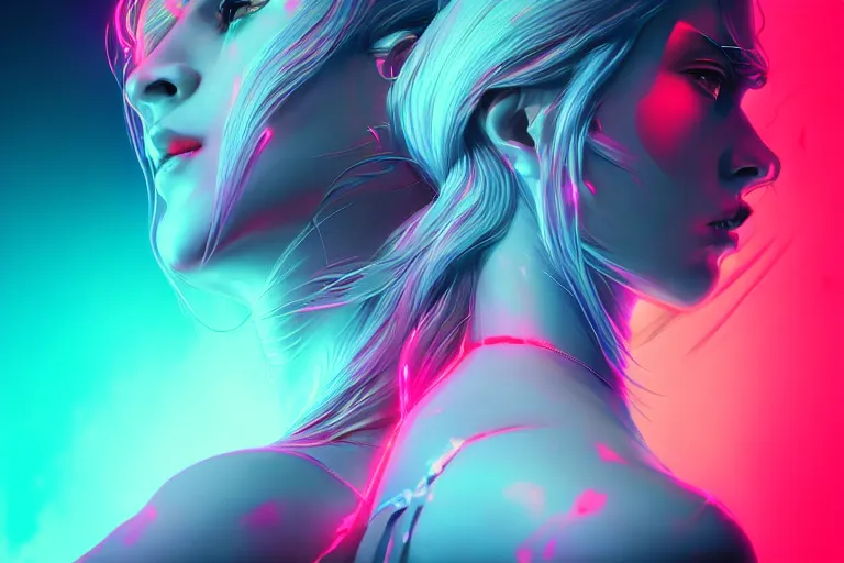 Image similar to photo of goddes (of war) in (((neon lighting)) DISPACEMENTS Displacements, elegant, highly detailed, smooth, sharp focus, illustration, beautiful, geometric, trending on artstation, cinematic, artwork by WLOP