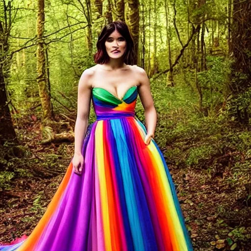 Prompt: picture of gemma arterton wearing a long rainbow wedding gown, sitting in a colorful forest