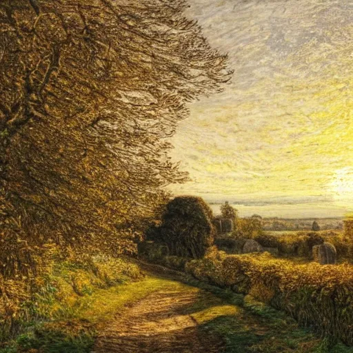 Image similar to a beautiful country path, golden light , sense of awe, in the style of Samuel Palmer