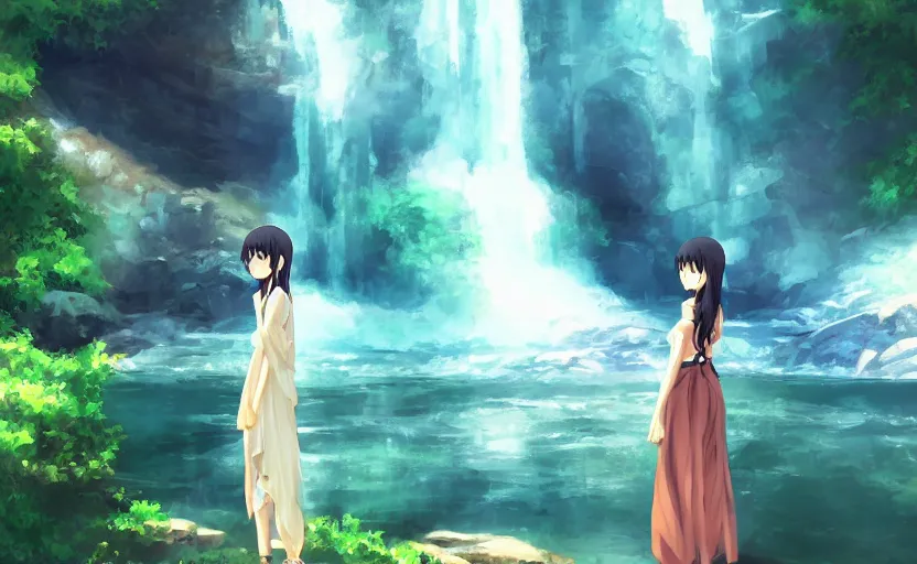 Prompt: An anime girl in a flowing dress, standing in front of a waterfall, anime scenery by Makoto Shinkai, digital art