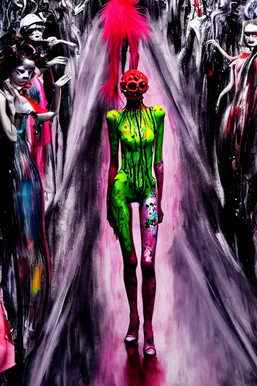 Image similar to crazy fashion catwalk, one model, crazy clothes, biopunk style, horror, clothes look like slime, hauntingly surreal, highly detailed painting by francis bacon, edward hopper, adrian ghenie, gerhard richter, and james jean soft light 4 k,