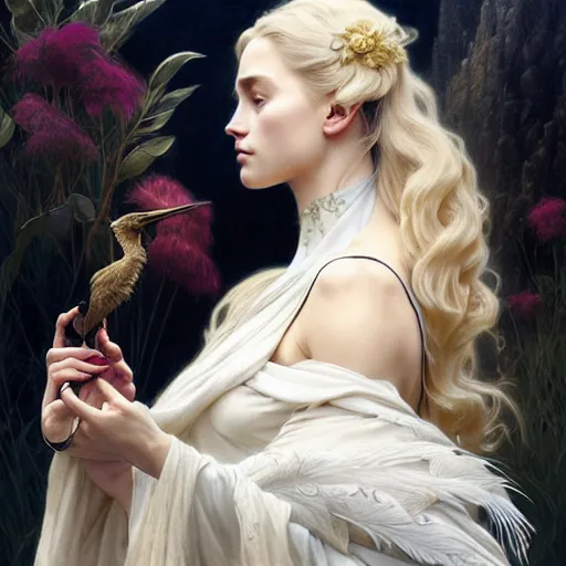 Image similar to portrait painting of a beautiful blonde woman with a kind face wearing a feathered cloak and a fancy silk white dress, ultra realistic, concept art, intricate details, eerie, highly detailed, photorealistic, octane render, 8 k, unreal engine. art by artgerm and greg rutkowski and charlie bowater and magali villeneuve and alphonse mucha