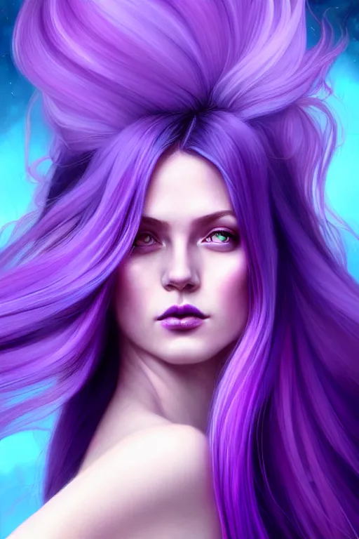 Image similar to Purple hair relistic Portrait of a woman with bright colored flying hair, all shades of purple. Hair coloring, long hair, blue eyes, fantasy, intricate, elegant, highly detailed, digital painting, artstation, concept art, smooth, sharp focus, illustration, art by artgerm and greg rutkowski and alphonse mucha