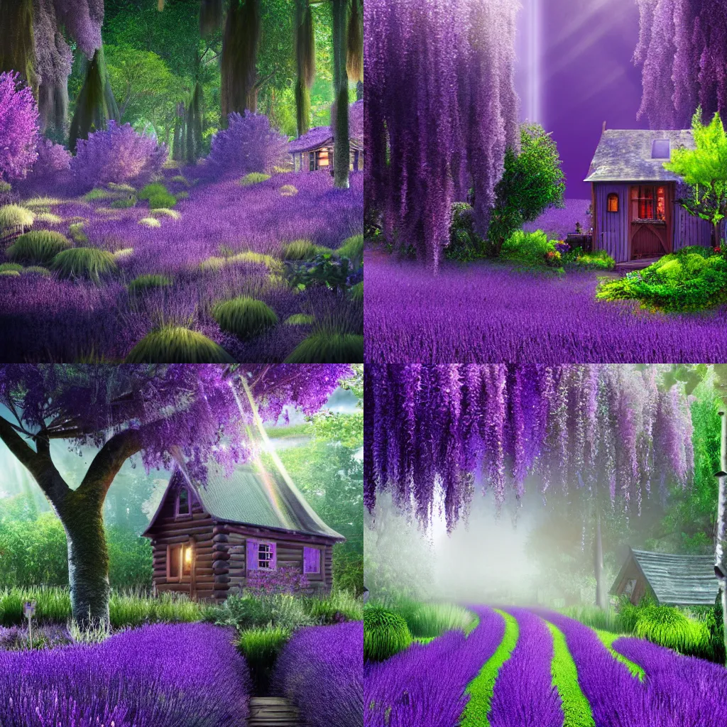 Prompt: a highly detailed photoreal lush garden sitting beneath weeping willows amongst purple lavender with a cabin nestled under the trees with with volumetric fog and god rays full of whimsy 8k hyper detailed photoreal