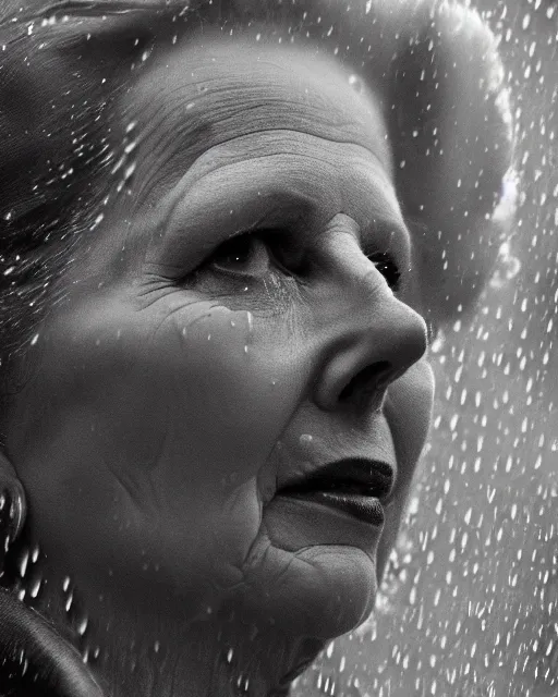 Prompt: margaret thatcher covered in rain, close - up, atmospheric moody hyper realistic award winning color cinematic still 8 k