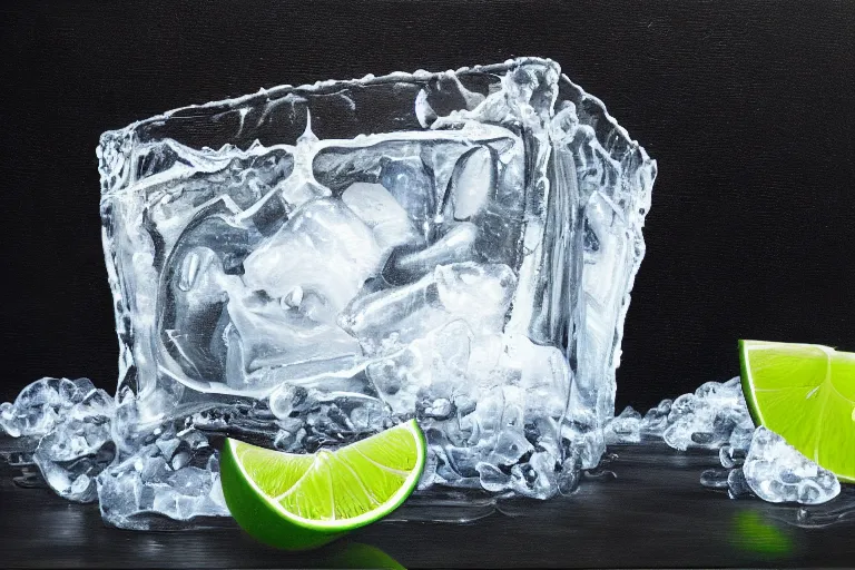 Image similar to oil painting portrait of an ice cube starting to melt in the forefront surrounded by a lime wedge, an empty bottle of tequila and ( fallen salt shaker ). black background