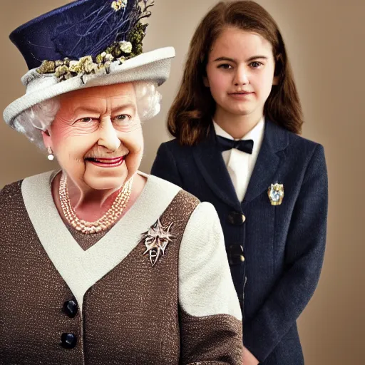 Image similar to A portrait photo of queen elizabeth teams up with a teenage queen elizabeth, perfect faces, 50 mm, award winning photography