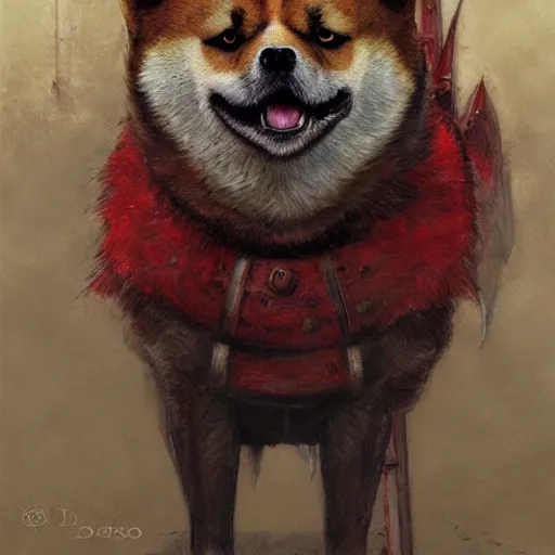 Prompt: anthropomorphic shiba inu, berserk anime : the berserker armor and the dragon slayer sword, red black aura, fantasy, dark, portrait art by donato giancola and greg rutkowski, realistic face, digital art, trending on artstation, symmetry