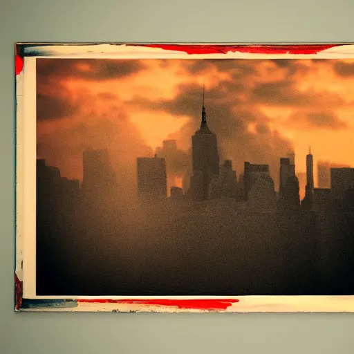 Image similar to destroyed new york city, war, real, blue sky, smoke, red clouds, detailed, award winning, photograph, cinematic