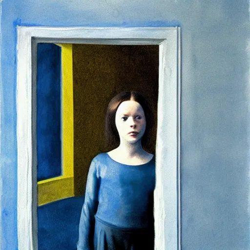 Prompt: close up of a girl in a blue and gold haunted liminal abandoned room, watercolor by gottfried helnwein, by hammershøi, art noveau, highly detailed, lights by edward hopper, liminal, eerie, bright pastel colors