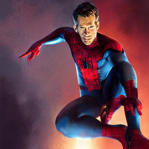 Image similar to ryan reynolds as spider - man, wearing a black and blue suit, cinematic, volumetric lighting, f 8 aperture, cinematic eastman 5 3 8 4 film, photorealistic by greg rutkowski, by stanley artgerm, by alphonse mucha