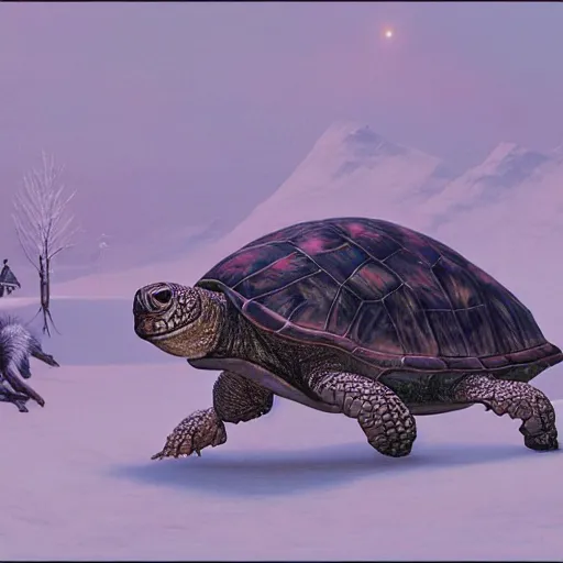 Image similar to anthropomorphic turtle humanoid, carapace, wayne barlowe, blizzard, winter, night, furs, fantasy