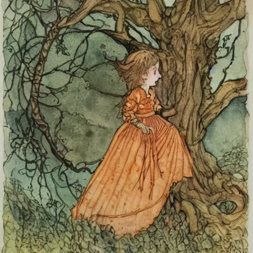 Image similar to a detailed, intricate watercolor and ink illustration with fine lines, of a young girl in a dress climbing a gnarled tree in a pumpkin patch, by arthur rackham and edmund dulac