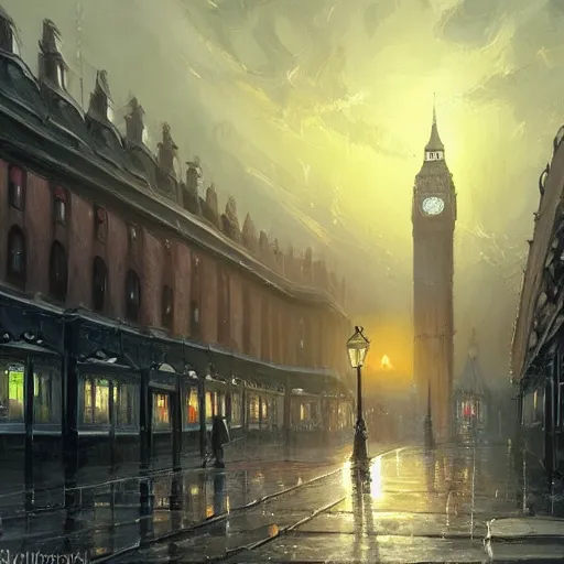 Prompt: a beautiful artwork painting of an alien mothership hovering above rainy victorian london at sunset, by andreas rocha, featured on artstation