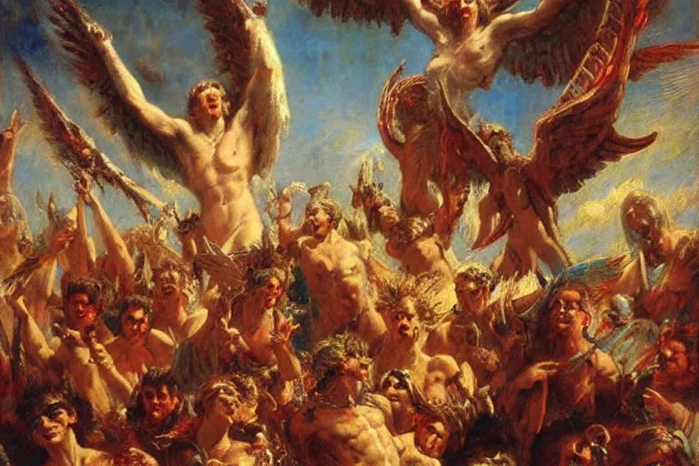 Image similar to lucifer rallying rebel angels in heaven. art by gaston bussiere.