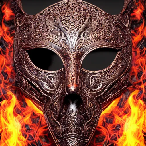 Image similar to an elaborate intricate mask made of flames on an obsidian slab, rendered in octane, behance hd, bokeh obsidian backdrop