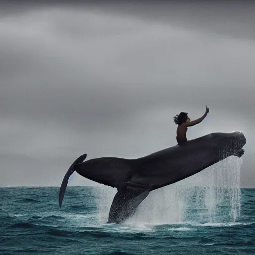 Image similar to maori girl riding a whale in ocean ,in the rain, style of Hiroshi Sugimoto ,atmospheric illustration, horror