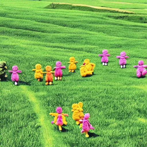 Prompt: a photo of a green field, with an army of differently coloured and shaped teletubbies, marching together.