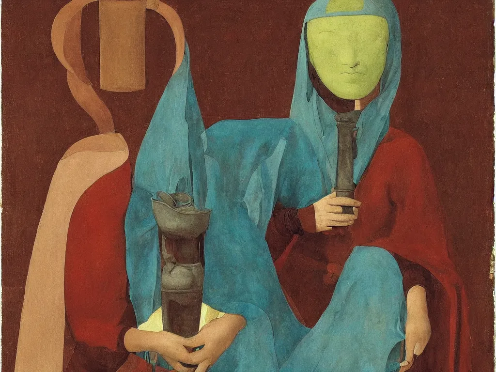 Image similar to woman with niqab, vase, amphora, jug, conch shell. lapis - lazuli, turquoise, malachite, cinnabar, earth brown. painting by piero della francesca, balthus, agnes pelton