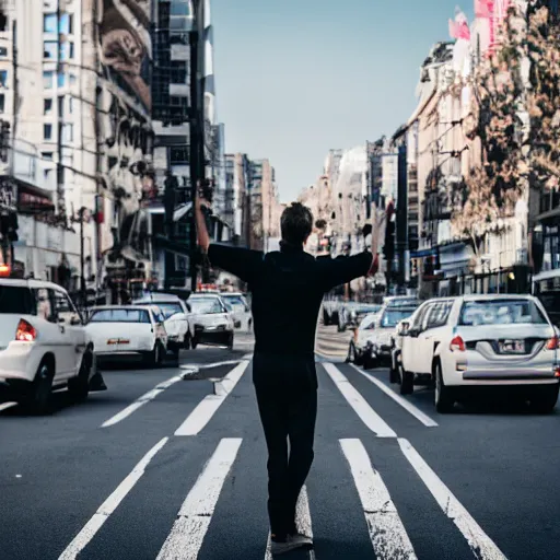 Prompt: a man standing on one leg in the middle of the street, holding up traffic, photography