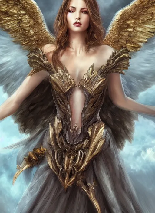 Prompt: a beautiful woman archangel big wings, full body, 8 k, hyperrealistic, hyperdetailed, beautiful face, long hair, dark fantasy, fantasy portrait by laura sava