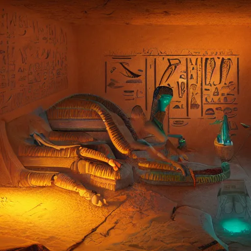 Image similar to mummy sarcophagus, pyramid interiors, wall craved with egypt art, bioluminescence, commit, treasure, vegetation, colorful, rim light, highly detailed, digital painting, concept art, smooth, sharp focus, pleasing aesthetics, josan gonzalez, michael dante dimartino, simon stalenhag, octane render, disney pixar, 4 k