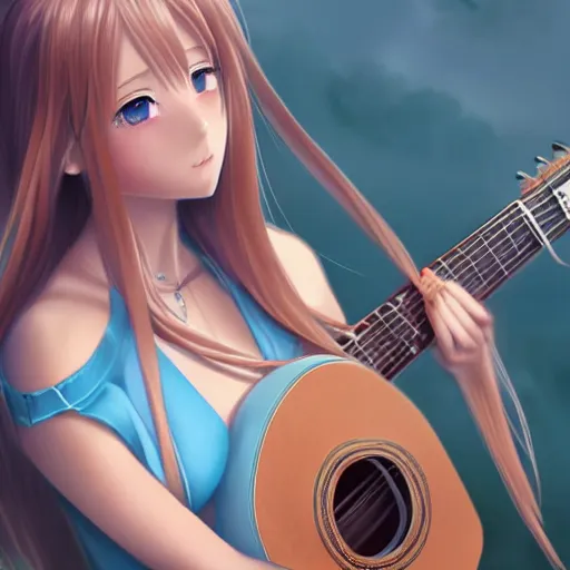Image similar to a very beautiful young yuuki asuna playing guitar, full body, long wavy blond hair, sky blue eyes, full round face,, bikini, miniskirt, front view, mid - shot, highly detailed, cinematic wallpaper by stanley artgerm lau