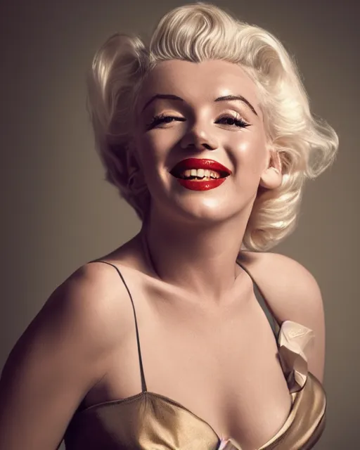 Prompt: Beautiful Head and shoulders portrait of smiling flirty Marilyn monroe with platinum blonde hair, wearing a camisole by alberto Vargas, arney freytag, artstation, 35mm, fashion photoshoot, laying on a bed in a photo studio, golden hour, bokeh, rim lighting, fashion pose, octane, 4k