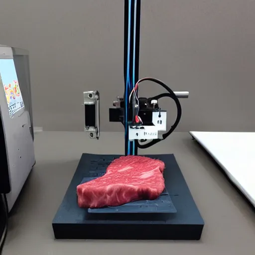 Image similar to 3 d printer printing steak, realistic photograph