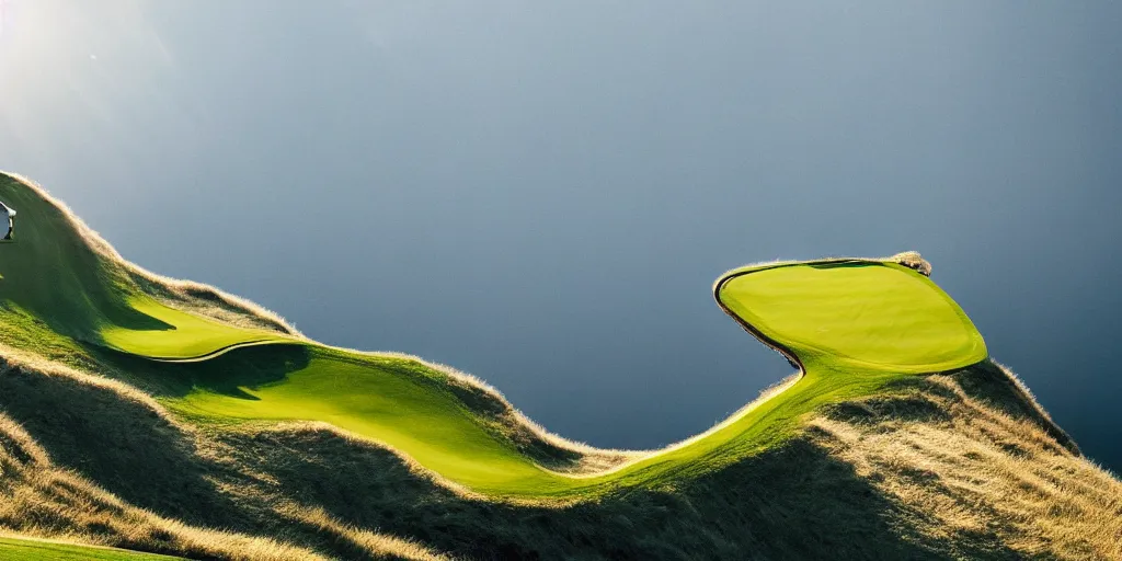 Image similar to a great photograph of the most amazing golf hole in the world, hangglider, perfect light, over a cliff, in the swiss alps, high above treeline, ambient light, 5 0 mm, golf digest, top 1 0 0, fog