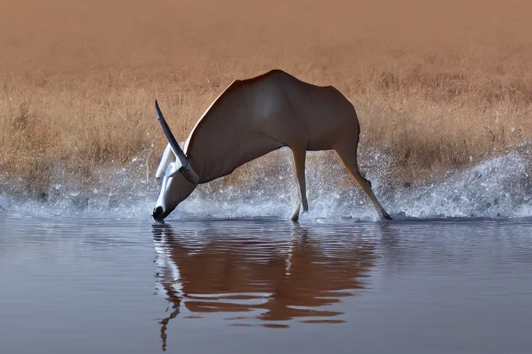 Image similar to ultra realistic nature photography, panoramic picture of ( subject : a beisa oryx drinking at a water hole ). wavy, scattered light entering from the water surface, artstation, focus on the beisa oryx, extremely hyperrealistic crisply sharp oryx, 8 k