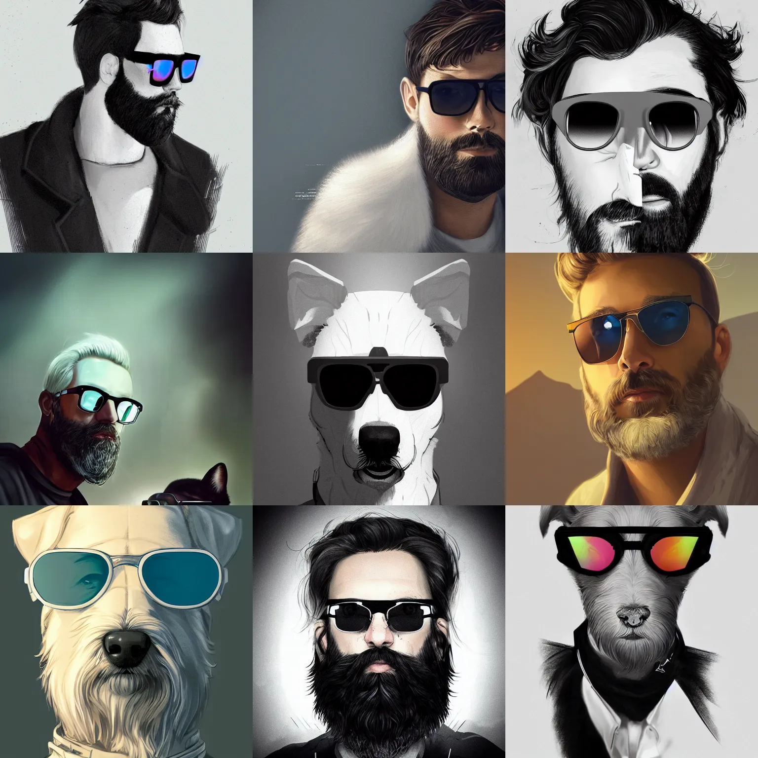 Prompt: an epic editorial portrait of a man and white maltanese dog, cute white maltanese dog and handsome short black hair pilot with full beard and sunglasses, few gray, striking eyes, concept art, symmetrical eyes, trending in artstation, moody lighting, neon color scheme, photorealistic