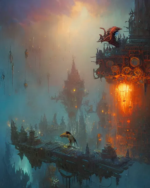 Image similar to a close - up stunning fantasy scene of a steampunk crow | highly detailed | very intricate | disney | magic the gathering | steampunk | dramatic romantic epic breathtaking whimsical magical | professional cinematic lighting | award - winning | painted by marc simonetti and anton fadeev and paul lehr and rhads and alena aenami | pastel color palette | featured on artstation