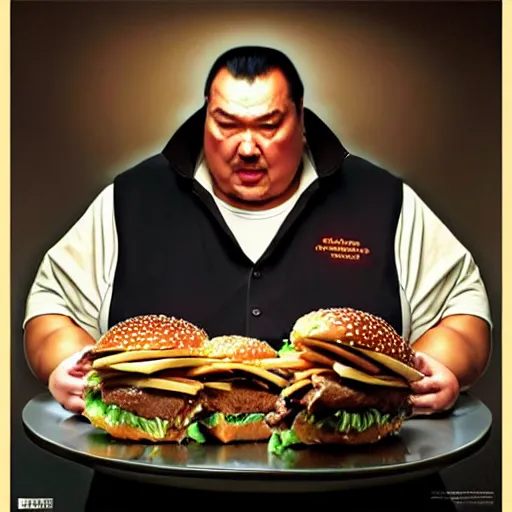 Image similar to Morbidly Obese Steven Seagal eating a mcdonald's big mac hamburger, dripping BBQ Sauce, serving burgers, intricate, elegant, low-brow kitsch grotesque, magical mystical, highly detailed, digital painting, artstation, concept art, matte, sharp focus, hyperreal, art by Artgerm and Greg Rutkowski and Alphonse Mucha