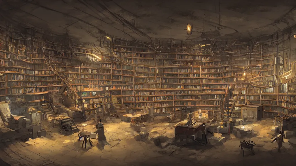 Prompt: inside a cozy post apocalyptic library, concept art, trending on artstation