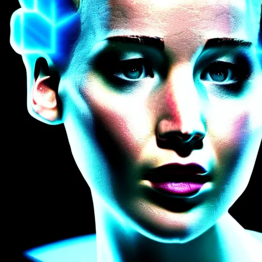 Prompt: close up detail of the face of jennifer lawrence as the bride of frankenstein, macro photography, glowing retinas, vaporwave