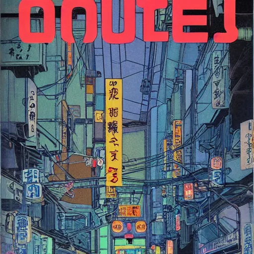 Prompt: 1979 magazine cover depicting a futuristic Japanese village at street level. Art in the style of Moebius, cyberpunk, masterpiece