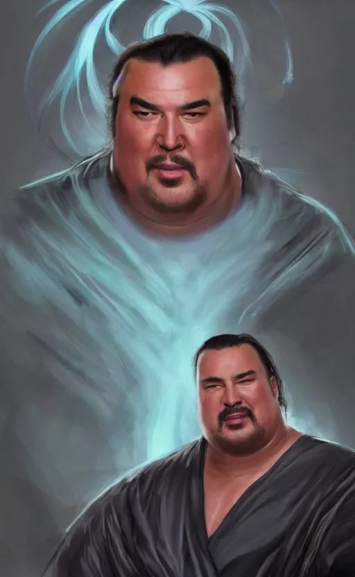 Image similar to fat steven seagal with wild hair and bright eyes. he's wearing a flowing bathrobe made of light, airy fabric and he has a mischievous look on his face, dynamic lighting, photorealistic fantasy concept art, trending on art station, stunning visuals, creative, cinematic, ultra detailed