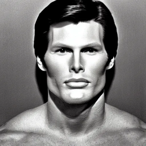 Prompt: Mugshot Portrait of Christopher Reeves, taken in the 1970s, photo taken on a 1970s polaroid camera, grainy, real life, hyperrealistic, ultra realistic, realistic, highly detailed, epic, HD quality, 8k resolution, body and headshot, film still, front facing, front view, headshot and bodyshot, detailed face, very detailed face