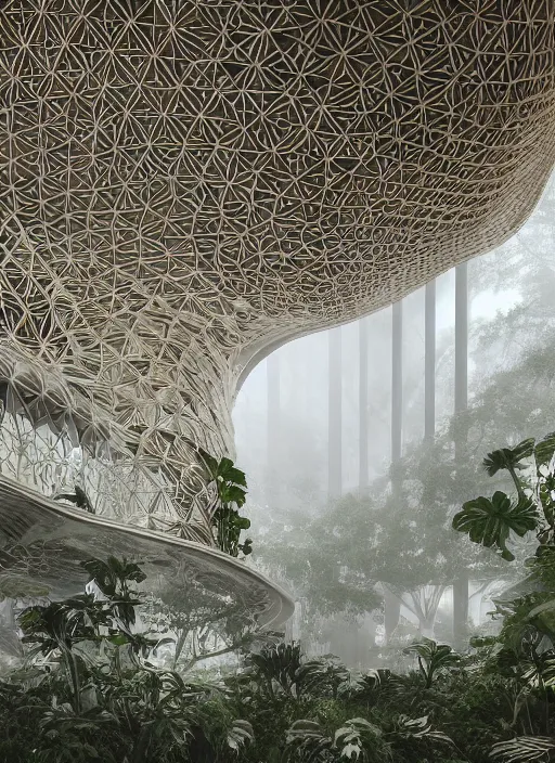 Image similar to a photo of a futuristic biomimicry oasis interior + the interior is elegant and made of a biomimicry nature with ornate patterns + photo taken on a misty morning + architectural photography, 8K, photorealistic